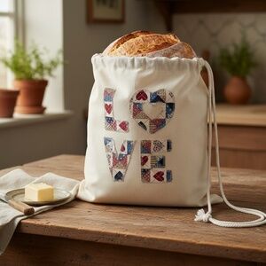 Farmhouse Hand Appliqué Muslin Bread Bag, Handmade Cotton Sourdough Storage